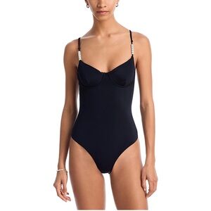 Aqua Faux Pearl Underwire One‎ Piece Swimsuit BLACK Medium